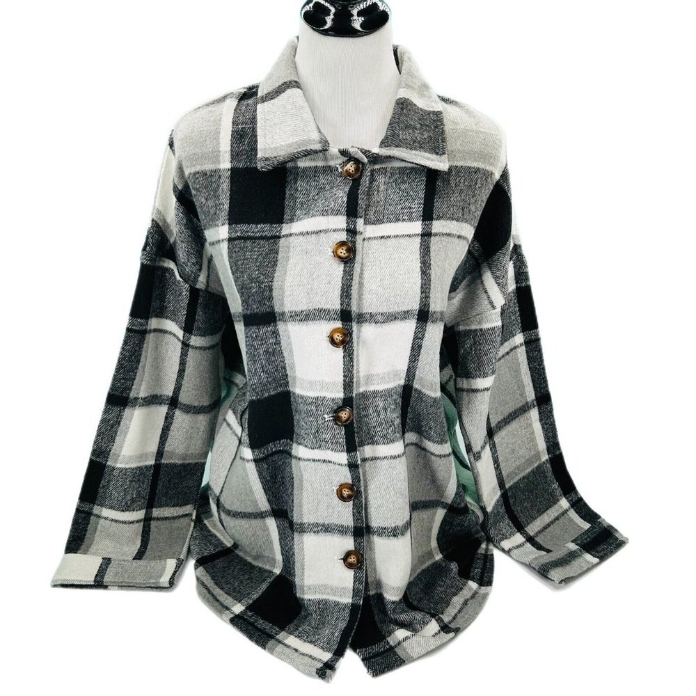 Unishe Jacket Womens XL Black White Plaid Button Down Soft Outside Long Sleeve